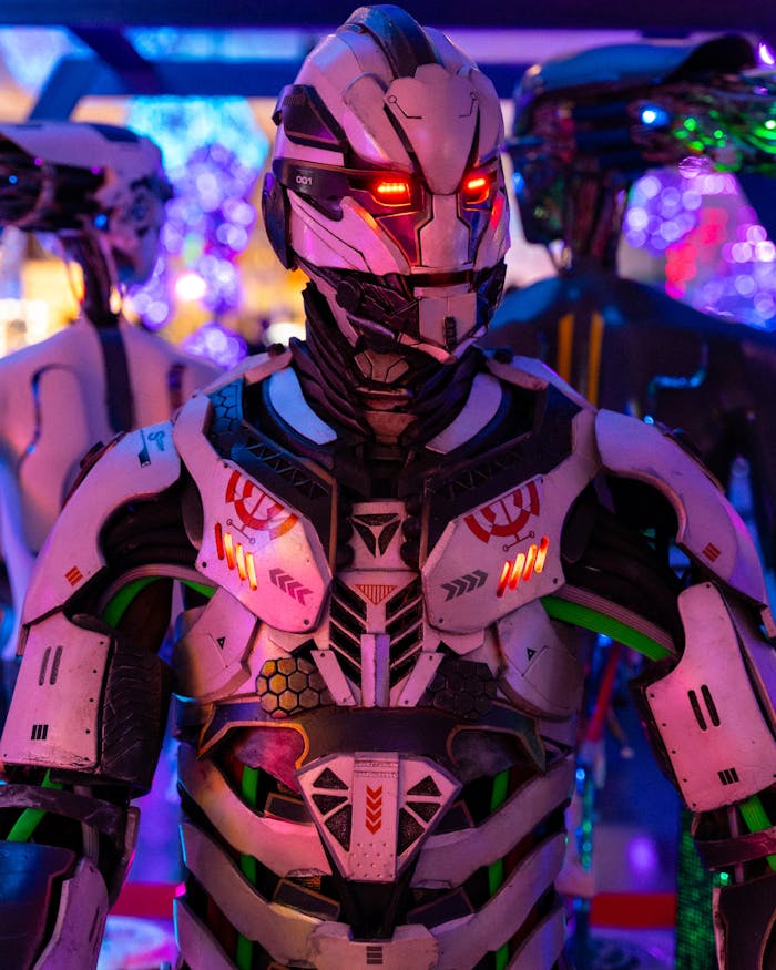 services-02 A futuristic robot dressed in sci-fi armor illuminated by vibrant neon lights, showcasing cutting-edge technology.
