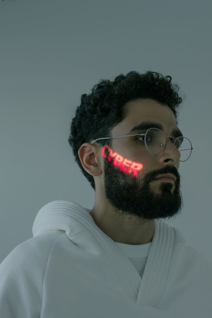 services-bg Stylish man with CYBER projection on face wearing eyeglasses, futuristic tech vibe.