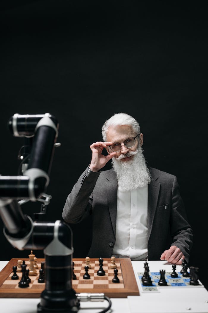 A senior scientist in a suit playing chess with an articulated robot arm on a dark background.